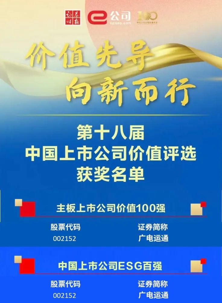 广电运通荣获《证券时报》“主板上市公司价值100强”“中国上市公司ESG百强”