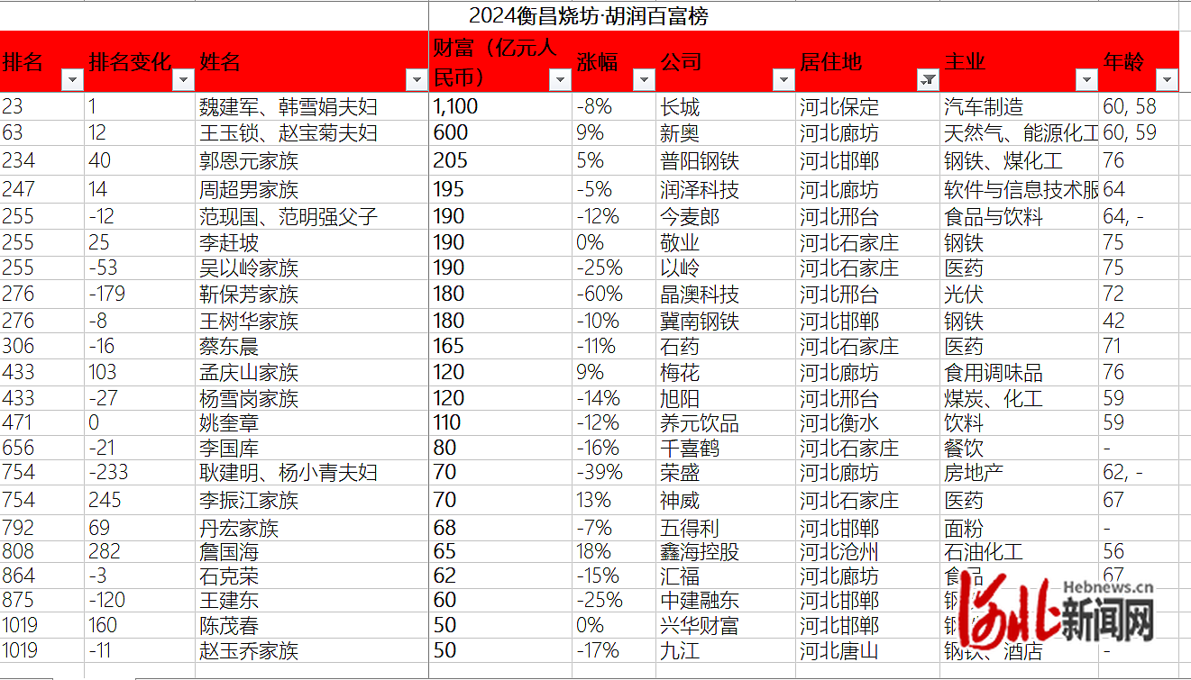 胡润百富榜河北榜单。(来源/胡润研究院)