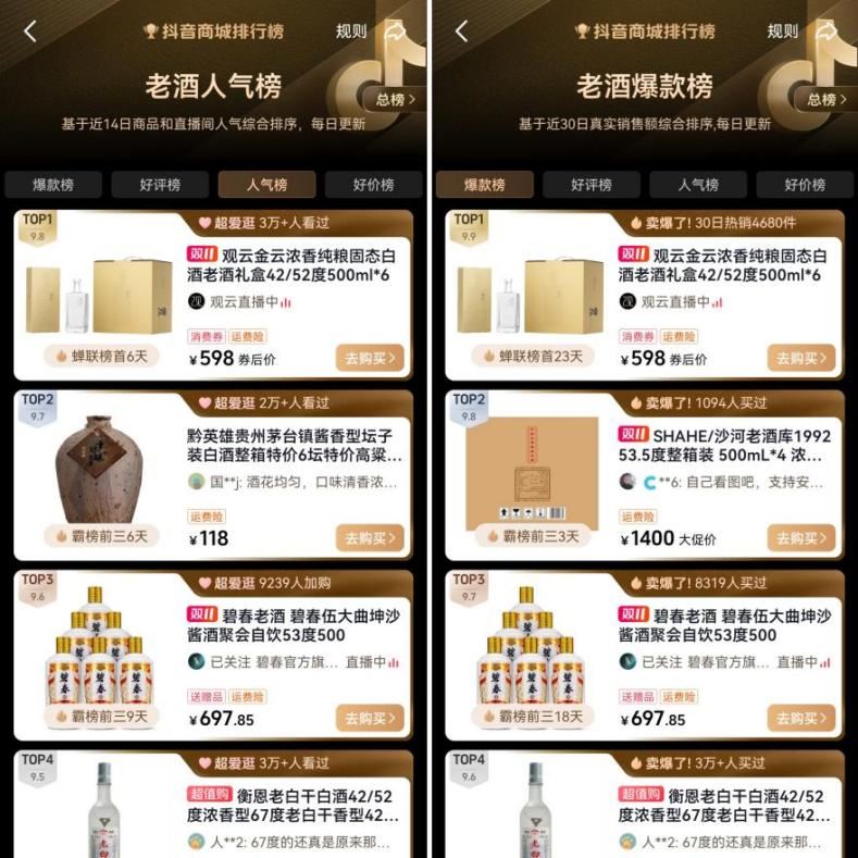 (抖音2024双11部分榜单)