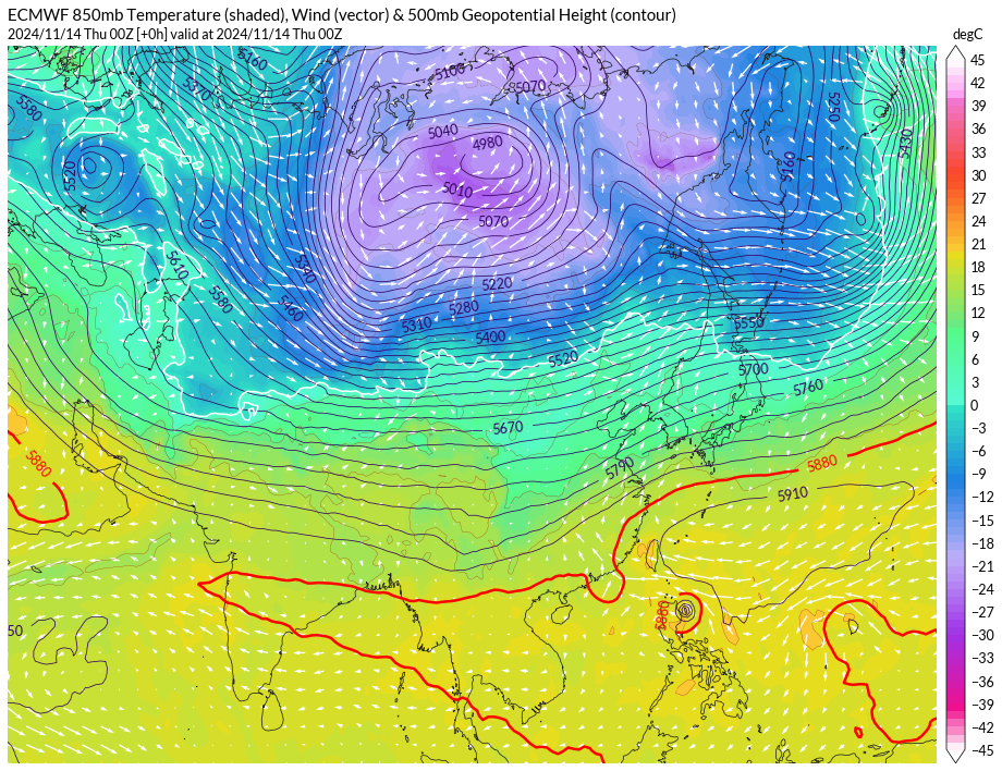 11月14日上午8點亞歐登陸500百帕位勢高度和850百帕溫度等形勢，強冷空氣即將南下 | 作者提供