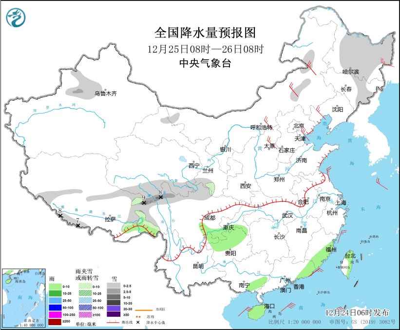 圖3 全國降水量預報圖（12月25日08時-26日08時）