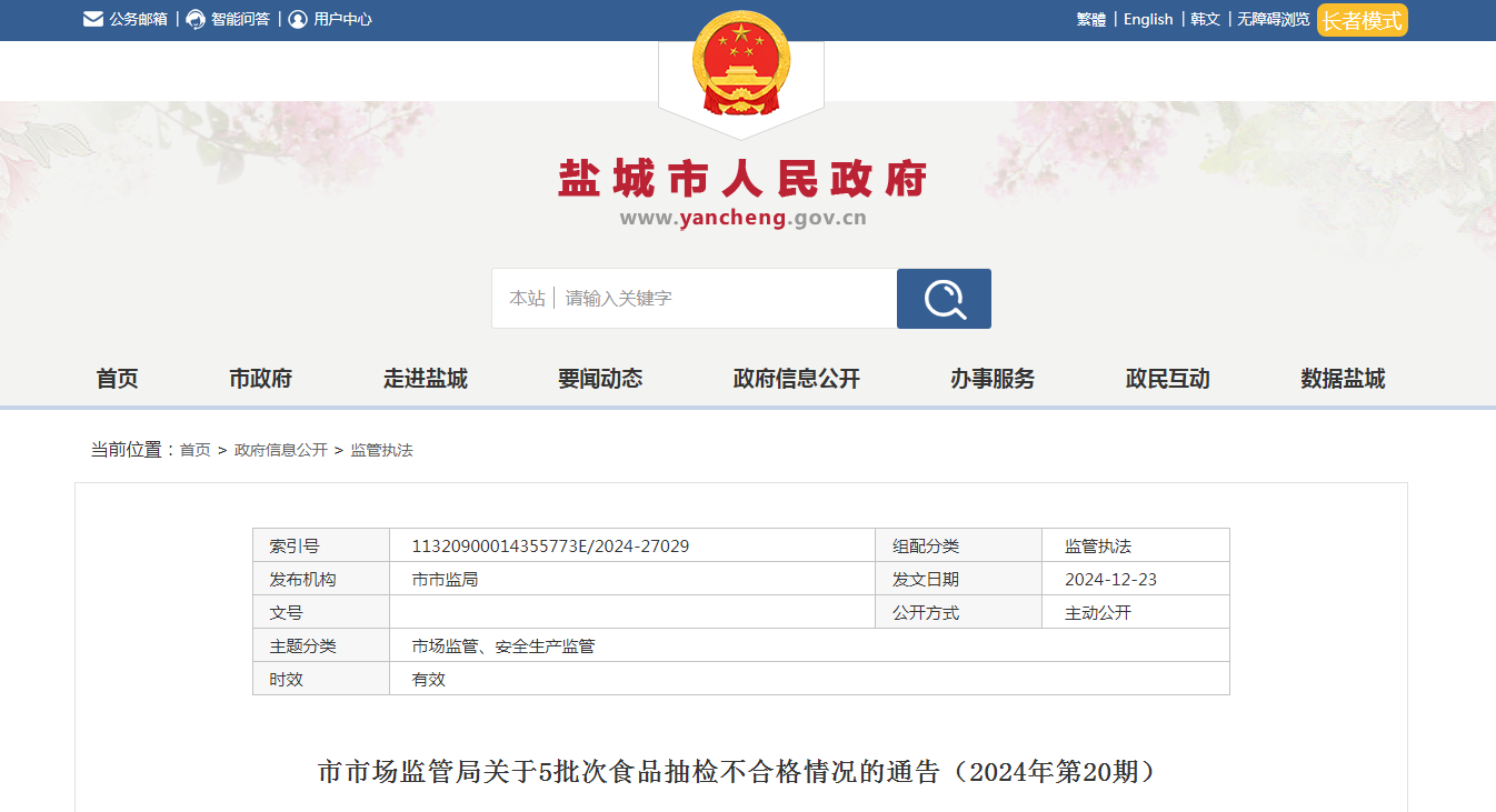 市市场监管局关于5批次食品抽检不合格情况的通告(2024年第20期)