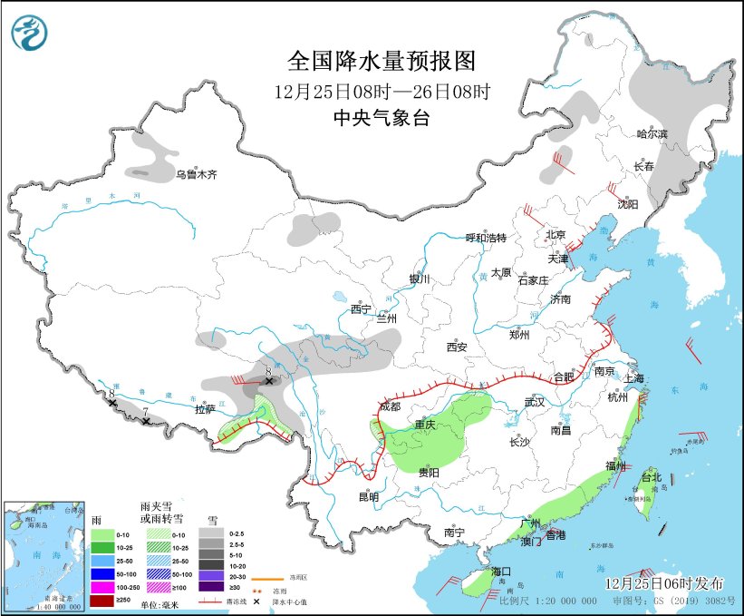 圖2 全國降水量預報圖（12月25日08時-26日08時）