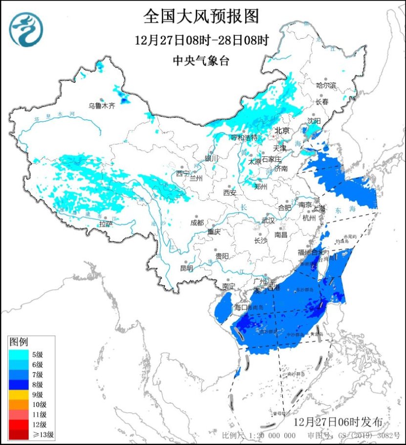 图1 全国大风预报图(12月27日08时-28日08时)
