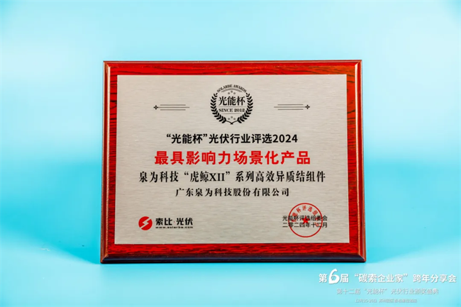 ▲图1-图2 泉为科技夺得“2024年度最具影响力光伏组件企业”和“2024年度最具影响力场景化产品”两项大奖