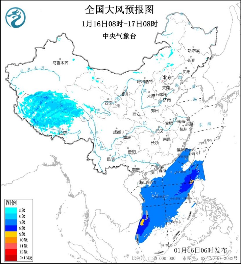 图1 全国大风预报图(1月16日08时-17日08时)