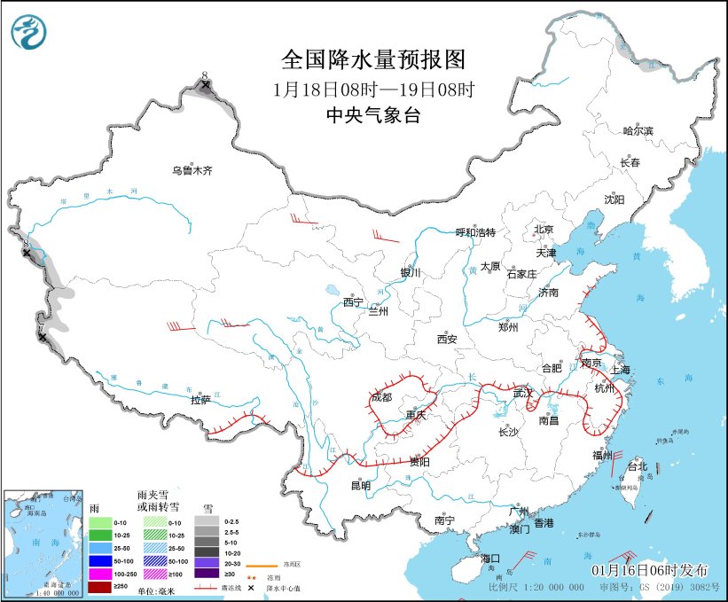 图4 全国降水量预报图(1月18日08时-19日08时)