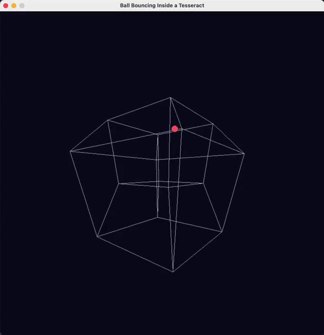 Prompt: Write a Python script of a ball bouncing inside a tesseract