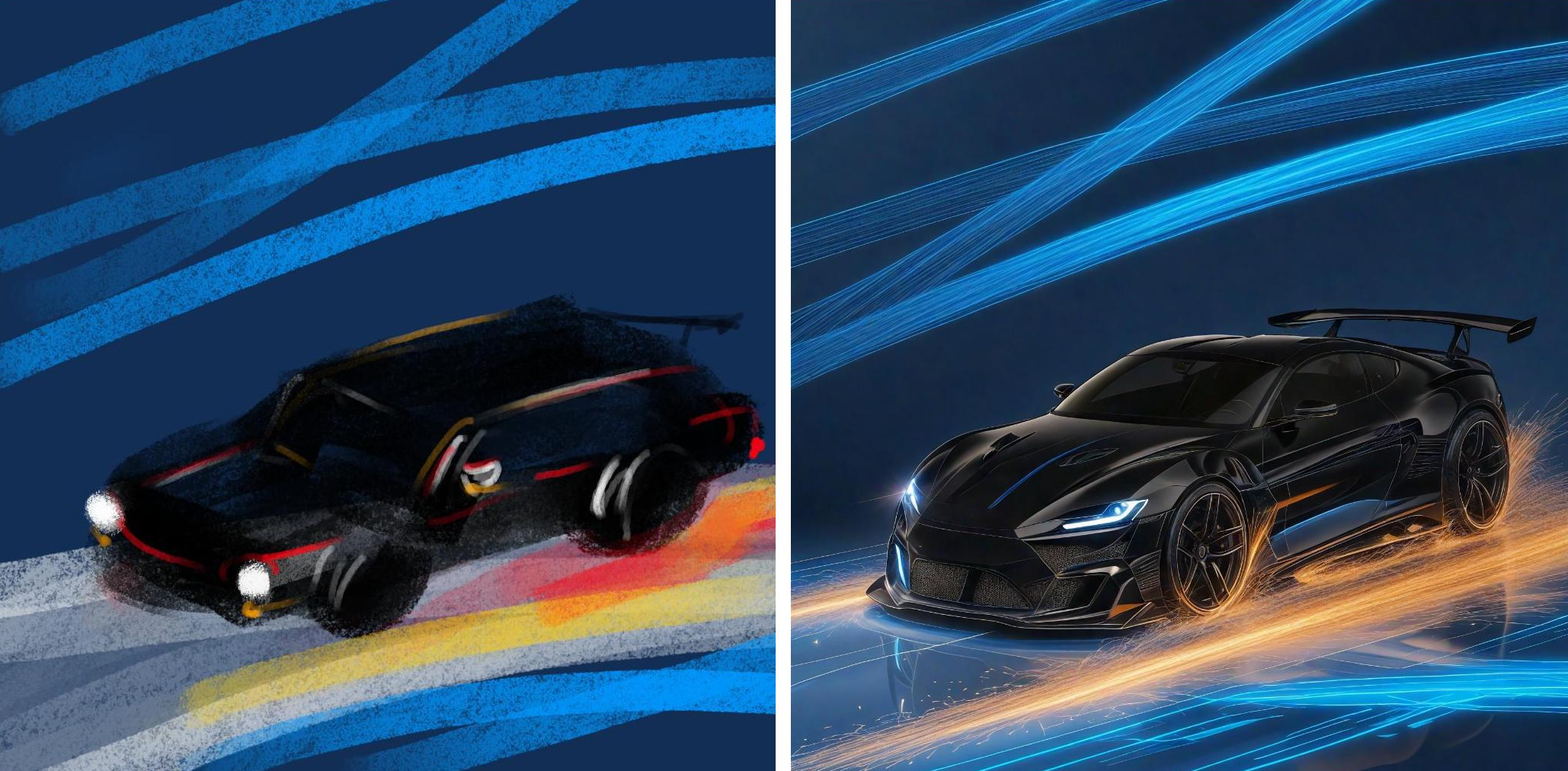 “亦心AI闪绘”手绘实时生图功能,左:“手残”小编手绘图像,右:一键生成高细节图像