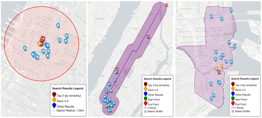 图 4. (a) 查询 ϵ km 半径内的点 (b) 查询路径周围的点 (c) 查询多边形内的点
