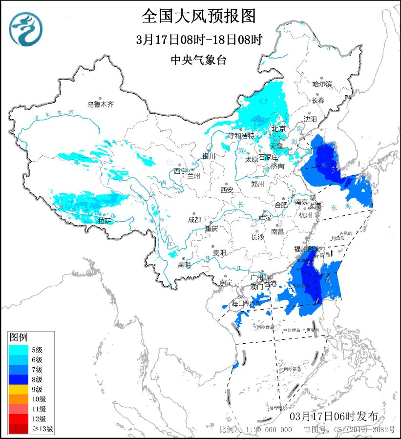 图1 全国大风预报图(3月17日08时-18日08时)