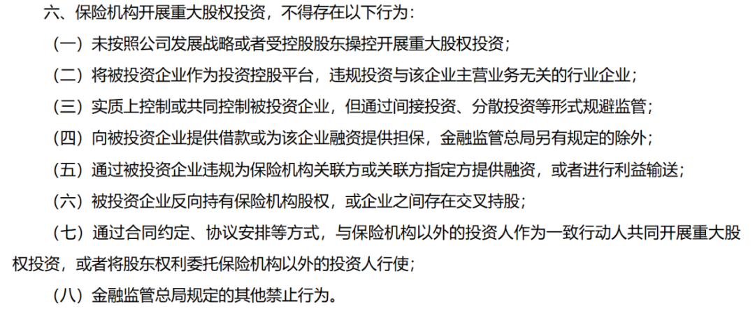 图为《通知》明确的保险机构开展重大股权投资不得存在的行为 图片来源：金融监管总局网站