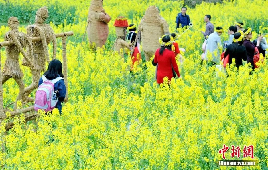 婺源油菜花田稻草紮製而成的農耕文化、卡通動物。卓忠偉 攝