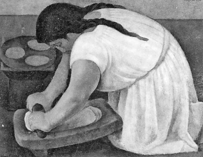 里维拉绘画作品《做玉米饼的女人》 资料图片