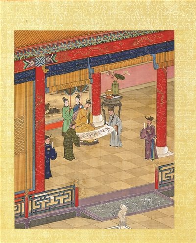 宋朝臣子向皇帝进献《流民图》的场景