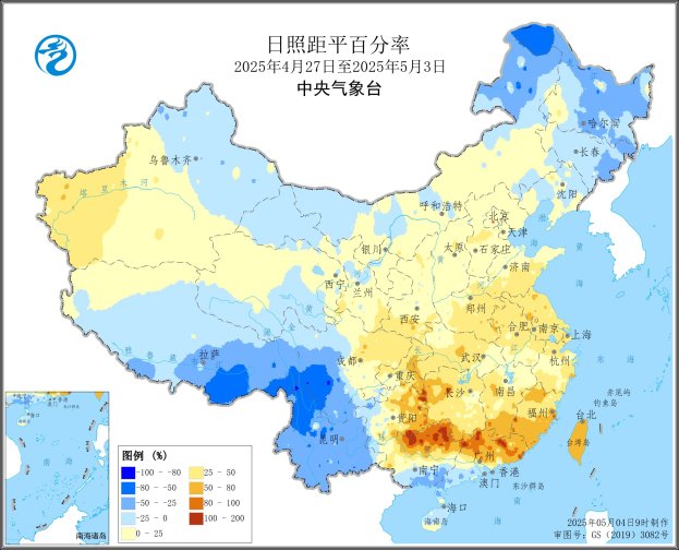 圖3 全國日照距平百分率