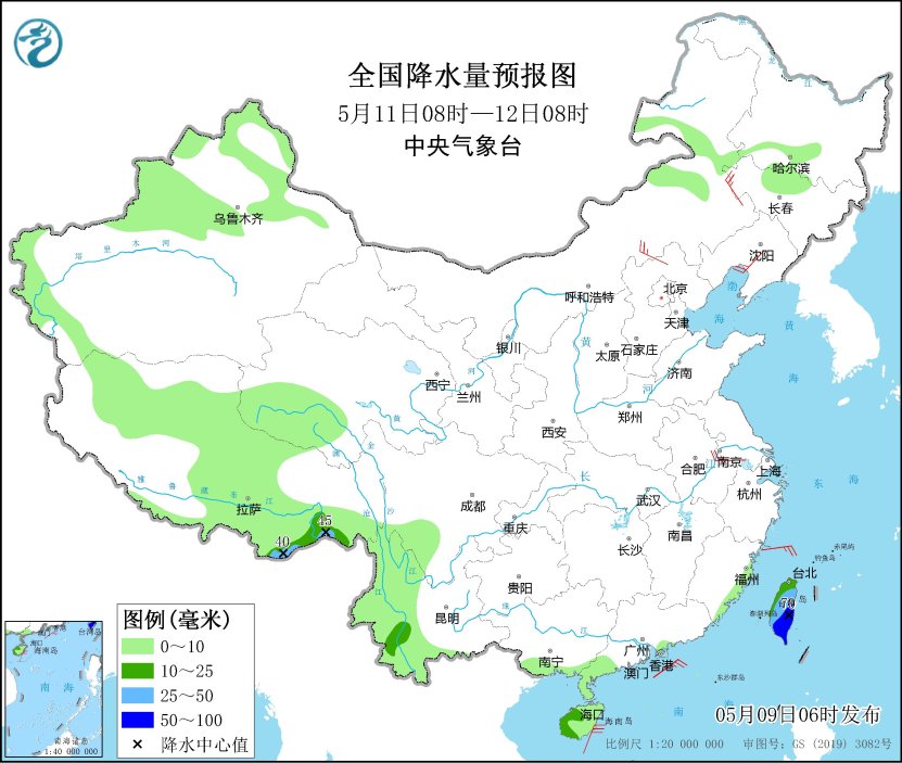圖6 全國降水量預(yù)報(bào)圖(5月11日08時(shí)-12日08時(shí))