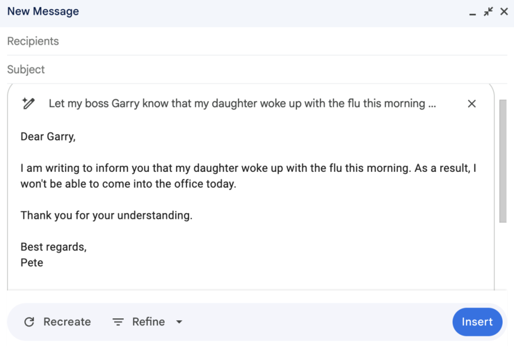 ▲Gmail 的 Gemini 電子郵件草1稿生成功能回應