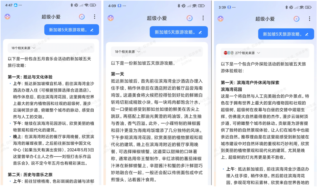 (針對娛樂、美食、戶外等不同標籤用戶,生成千人千面的規劃。圖源:小愛同學)