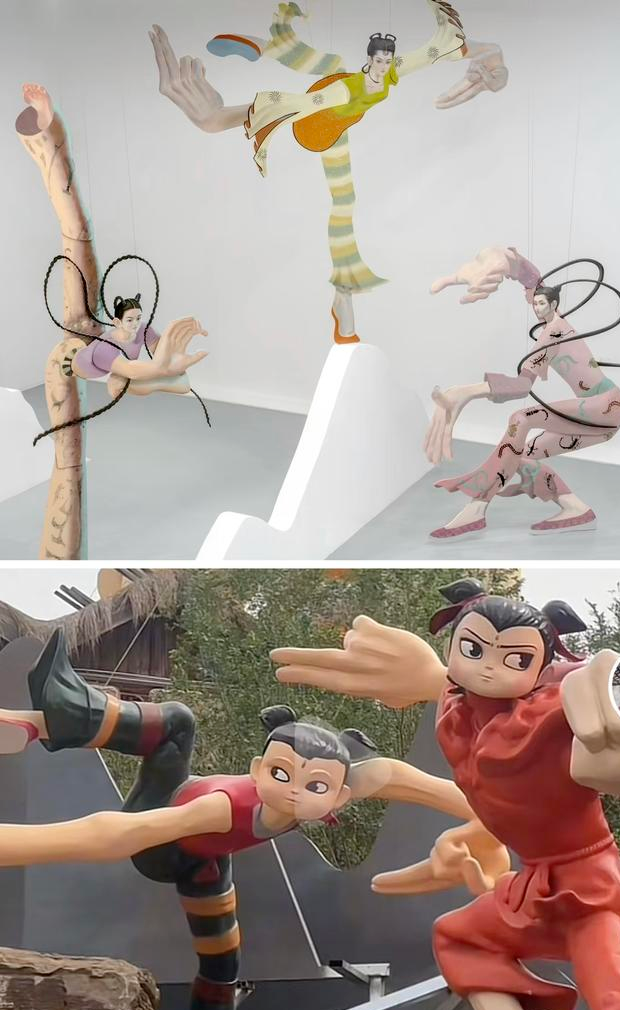 作品(上)與景區哪吒雕塑(下)對比圖