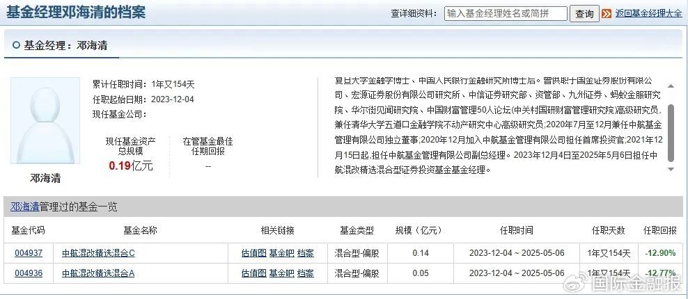 中航基金副总卸任基金经理：管产品一年多，业绩跑输基准超20%