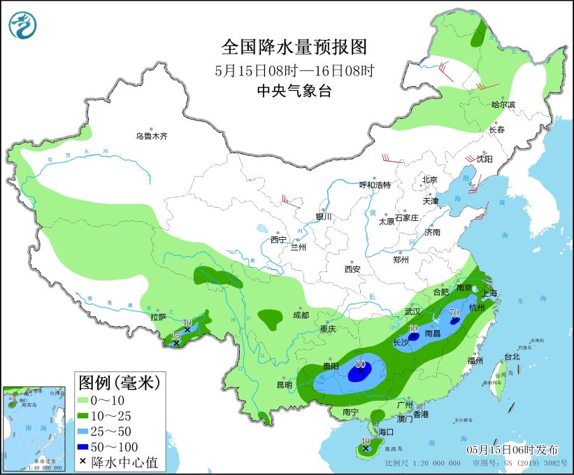 圖1 全國降水量預報圖(5月15日08時-16日08時)