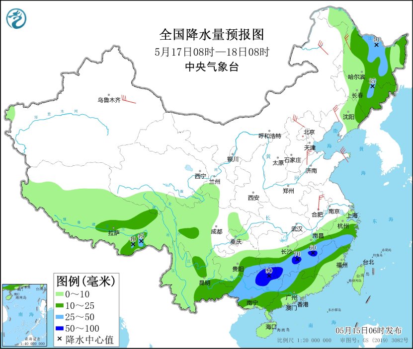 圖3 全國降水量預報圖(5月17日08時-18日08時)