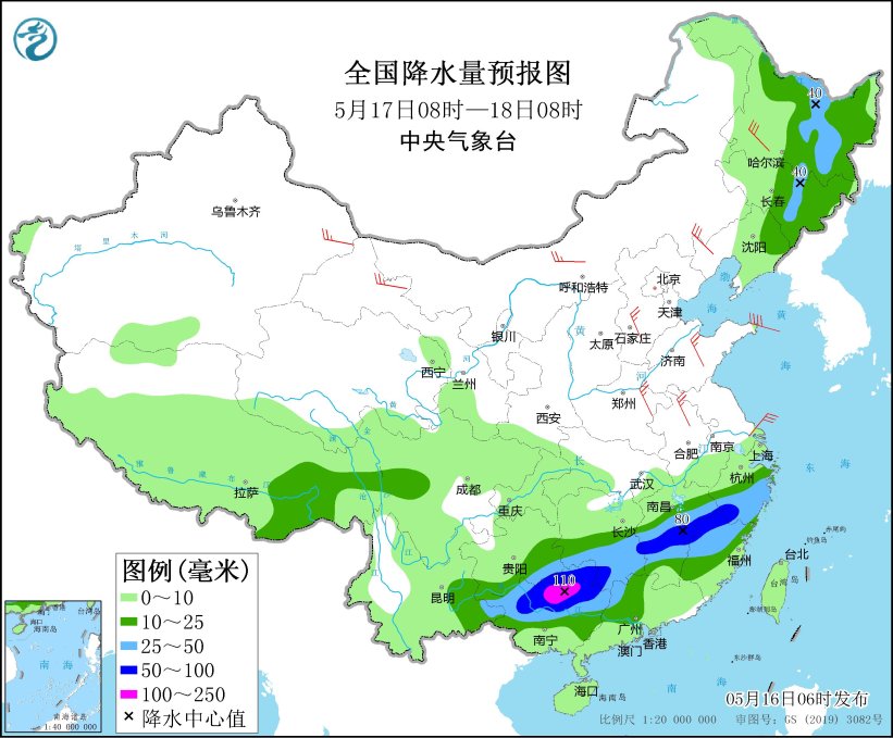 圖4 全國(guó)降水量預(yù)報(bào)圖(5月17日08時(shí)-18日08時(shí))
