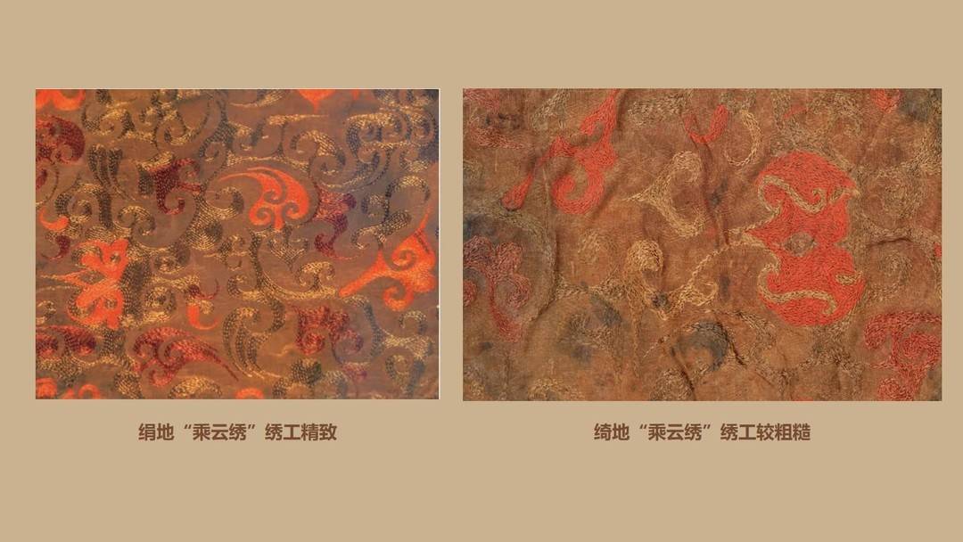 △ 對鳥菱紋綺地「乘雲繡」坐墊和絹地「乘雲繡」枕巾對比圖。