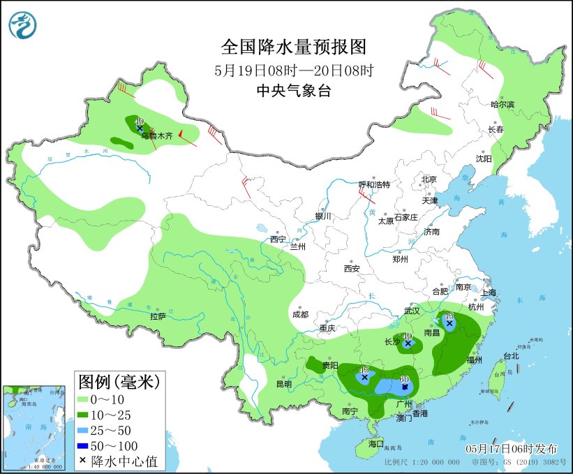 圖4 全國降水量預(yù)報(bào)圖(5月19日08時(shí)-20日08時(shí))