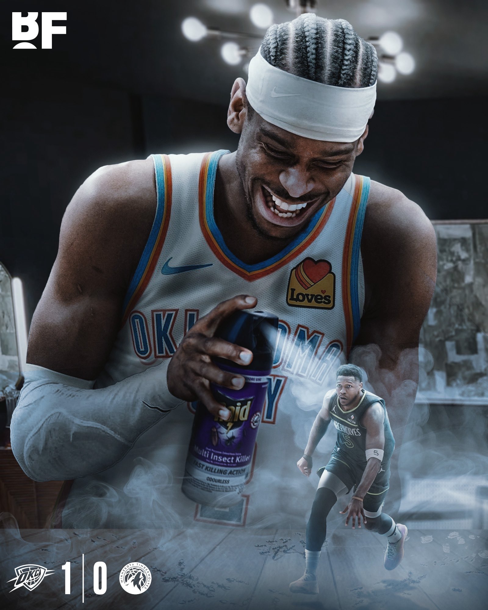 美媒晒雷霆1-0森林狼：亚历山大笑用杀虫剂对付小蚂蚁（Ant）