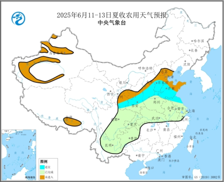 图2 2025年6月11-13日夏收农用天气预报