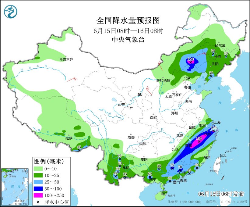 图4 全国降水量预报图(6月15日08时-16日08时)