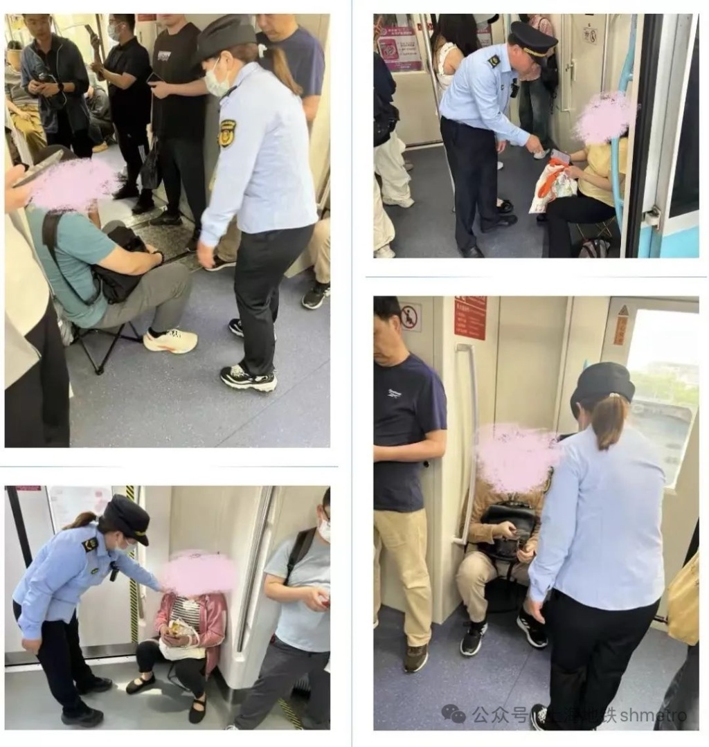 上海地铁集中劝阻车厢内使用 “小板凳” 行为。 上海地铁供图