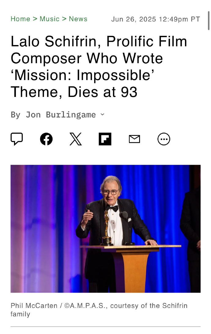 知名作曲家拉罗·斯齐弗林去世，享年93岁，曾创作《碟中谍》系列电影经典片头音乐