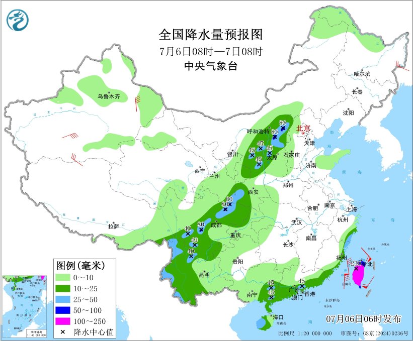图4 全国降水量预报图(7月6日08时-7日08时)
