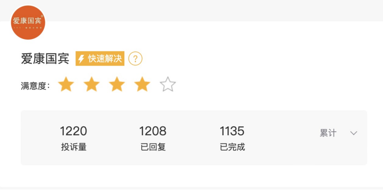图为爱康国宾被投诉记录数据 图源:天猫投诉平台