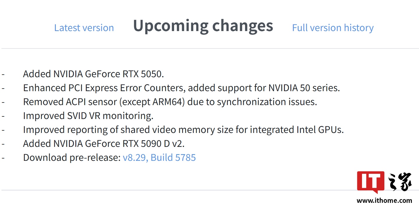 HWiNFO Beta v8.29-5785 版添加对英伟达 RTX 5090 D v2 显卡支持