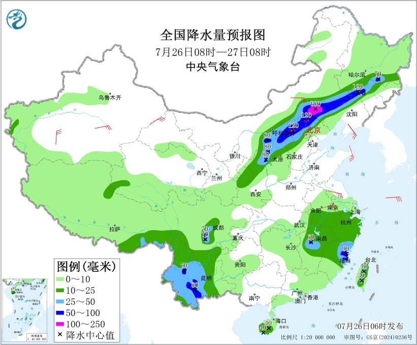 图2 全国降水量预报图(7月26日08时-27日08时)