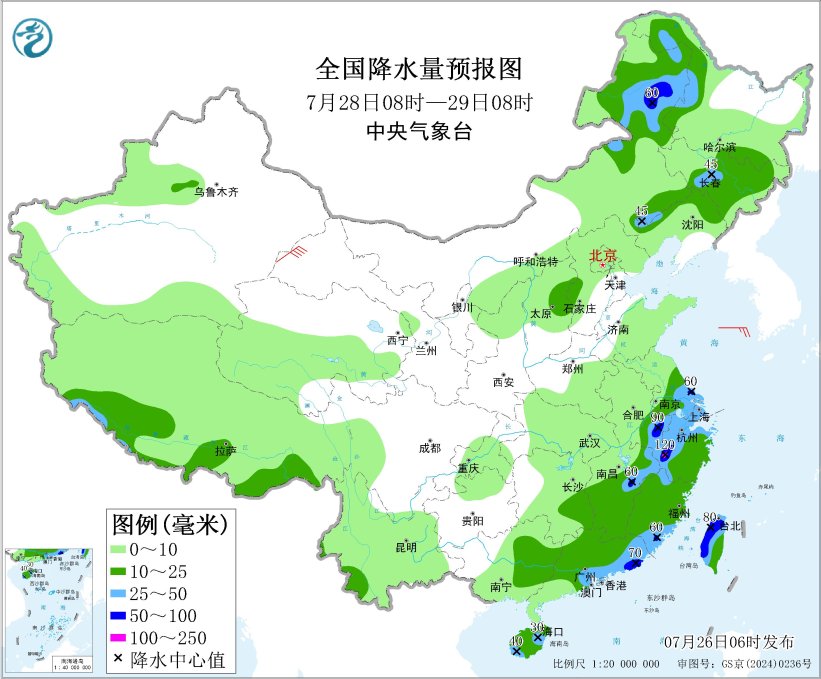 图4 全国降水量预报图(7月28日08时-29日08时)