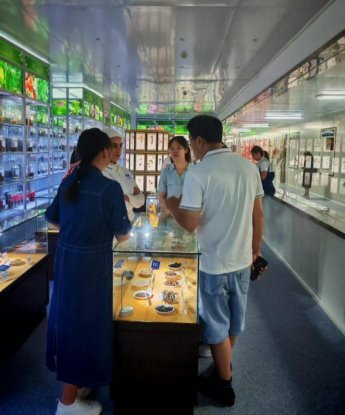 体验团在以岭药业中药材标本馆感受中医药的魅力。