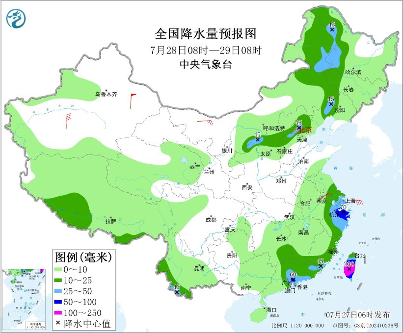 图3 全国降水量预报图(7月28日08时-29日08时)