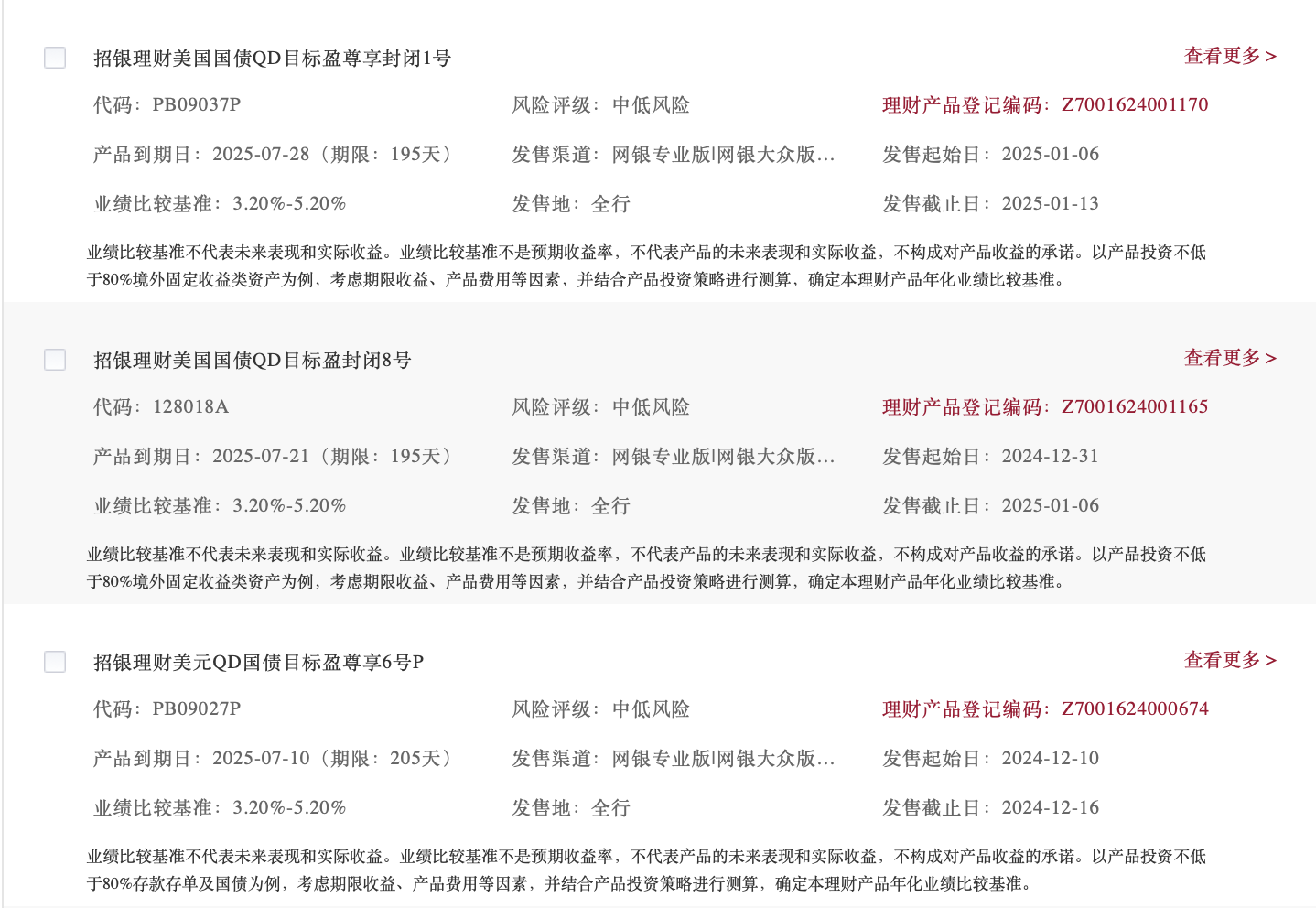 三款提前止盈的美元理财产品;来源:招商银行官网