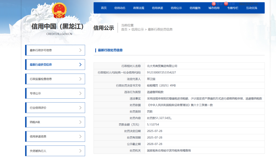 公开信息显示,北大荒商贸集团有限公司成立于2000年12月21日,法定代表人邢卫国,股东为北大荒农垦集团有限公司。