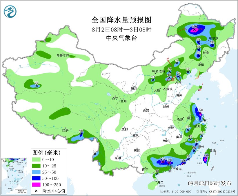 图4 全国降水量预报图(8月2日08时-3日08时)