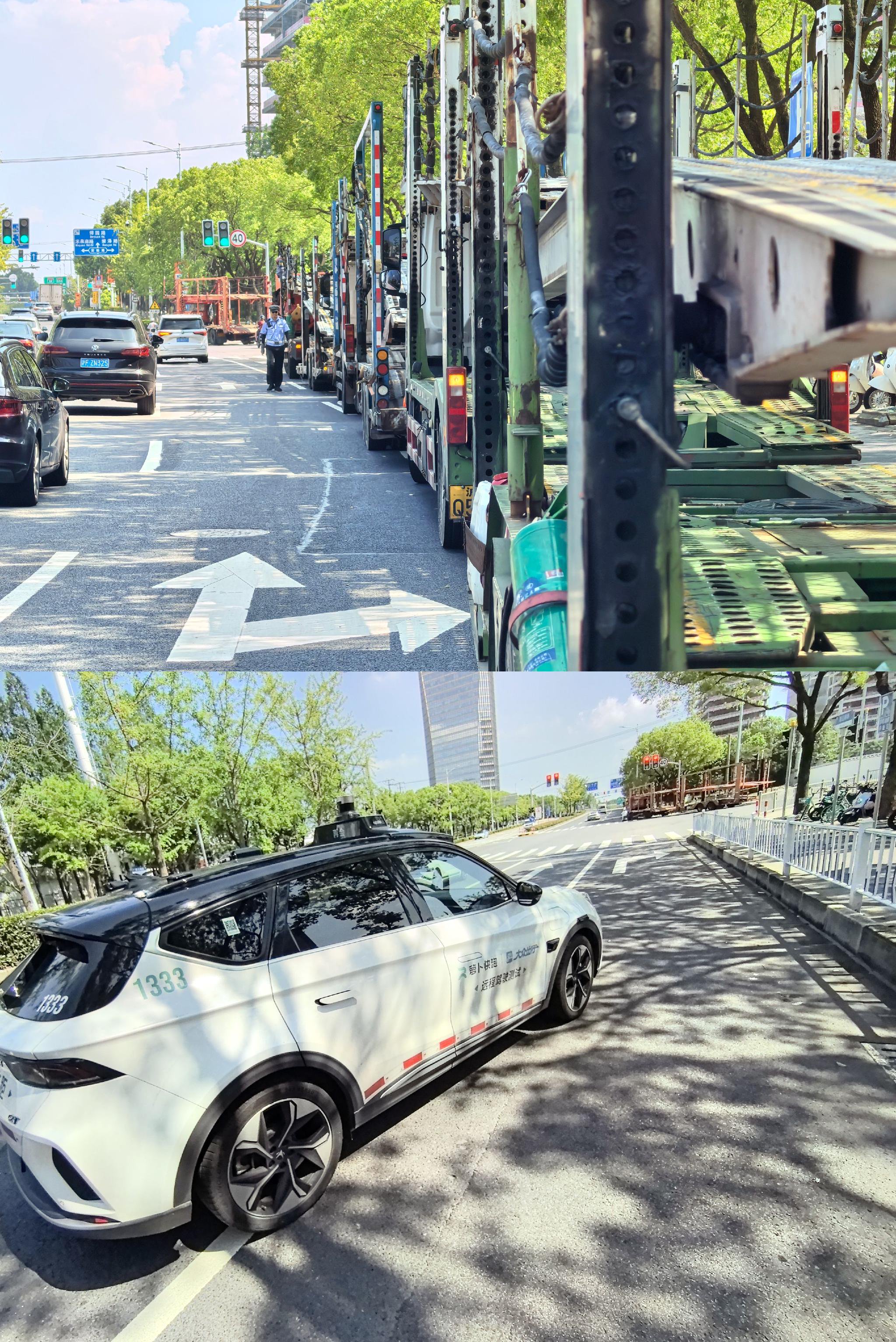在嘉定区安亭镇一商场门口，因停车点被违停车辆占据“无人驾驶出租车”被迫停在第二车道。新京报贝壳财经记者俞金旻摄
