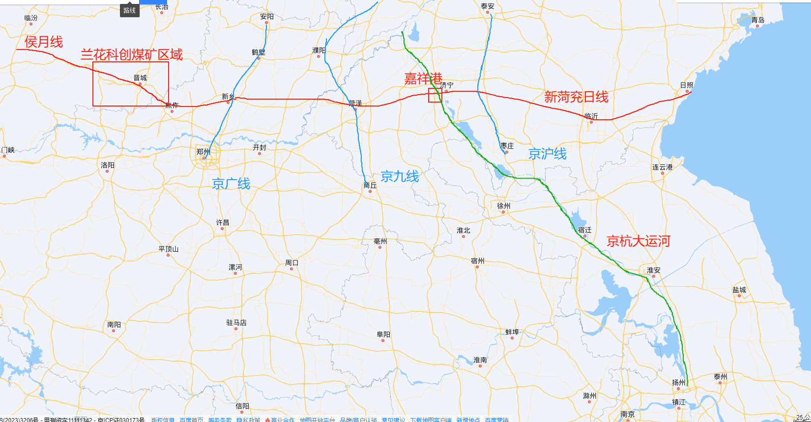 兰花科创产煤区、嘉祥港及运输线图示意图