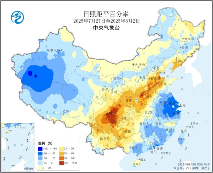 图3 全国日照距平百分率