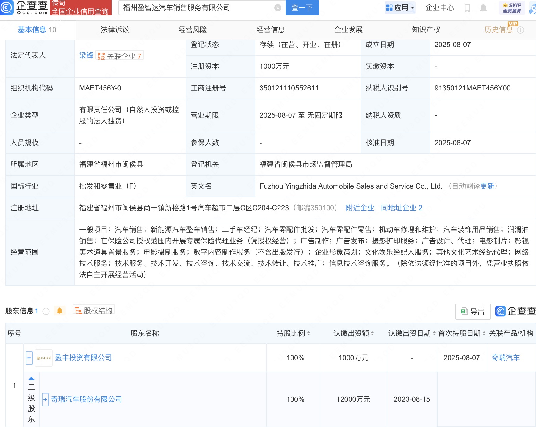 奇瑞汽车成立盈智达汽车销售服务公司