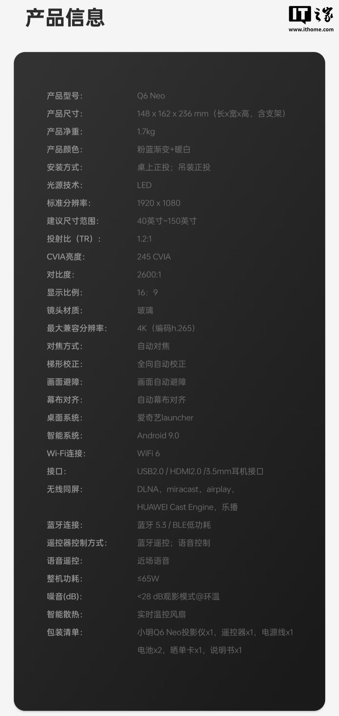 京东小明 Q6 Neo 云台投影仪245 CVIA 流明亮度 | 接入小米米家 App799 元直达链接